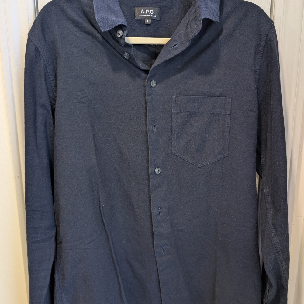 A.P.C. Men's Navy Button Up Shirt. 100% Cotton. Size Large But Fits Medium.